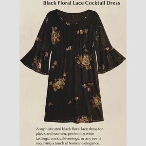 Women’s SZ 20W Dress Black Floral Lace Bell Sleeve Cocktail, Wine, or Evening